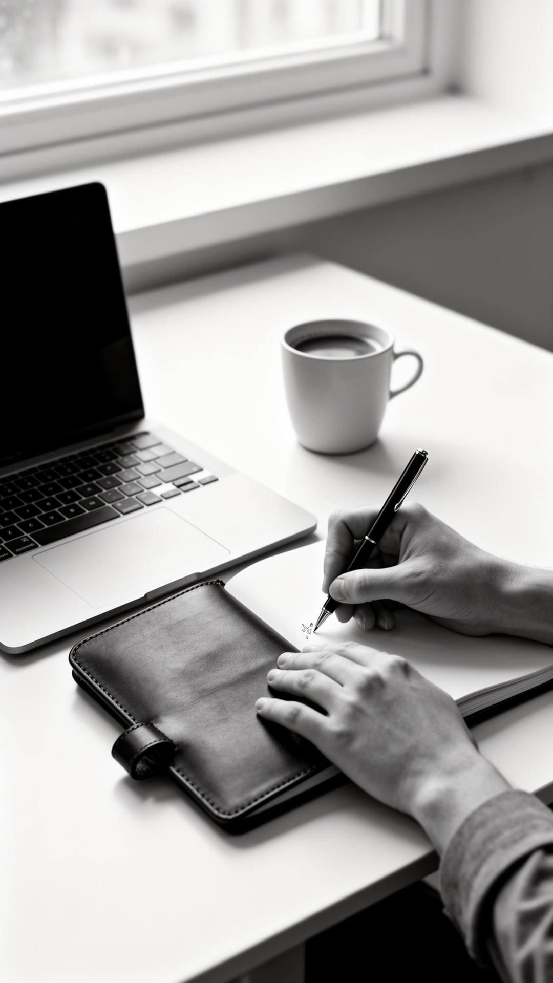 Hands writing in a leather notebook beside a laptop